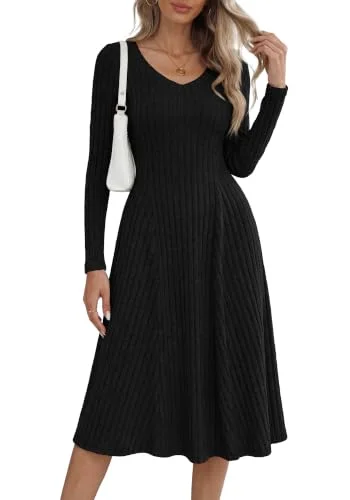 KIRUNDO Ribbed V-Neck Midi Sweater Dress in Black