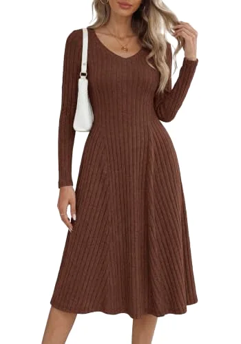 KIRUNDO Ribbed V-Neck Midi Sweater Dress in Brown