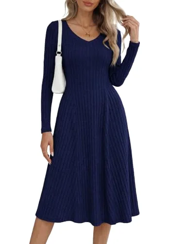 KIRUNDO Ribbed V-Neck Midi Sweater Dress in Navy