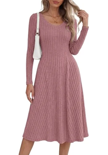 KIRUNDO Ribbed V-Neck Midi Sweater Dress in Pink