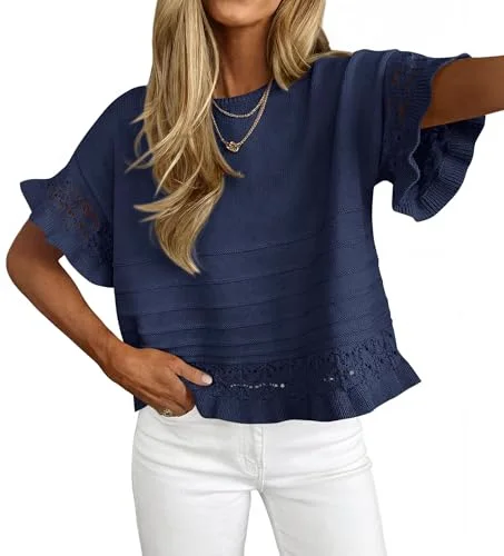 KIRUNDO Crochet Short Sleeve Pocket Top in Dark Blue