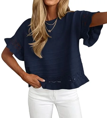 KIRUNDO Crochet Short Sleeve Pocket Top in Navy Blue