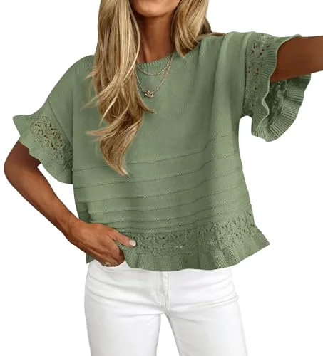 KIRUNDO Crochet Short Sleeve Pocket Top in Sage Green