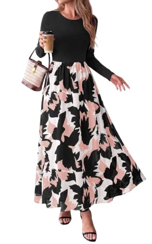 KIRUNDO Floral Long Sleeve Flowy Maxi Dress in Black White Flower