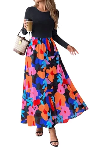 KIRUNDO Floral Long Sleeve Flowy Maxi Dress in Floral Black Multicolored
