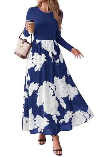 KIRUNDO Floral Long Sleeve Flowy Maxi Dress in Navy White Flower