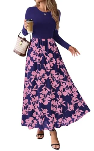 KIRUNDO Floral Long Sleeve Flowy Maxi Dress in Navy