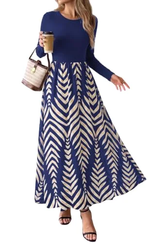 KIRUNDO Floral Long Sleeve Flowy Maxi Dress in Royal Blue White Flower