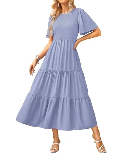 KIRUNDO Smocked Short Sleeve Flowy Midi Dress in Light Blue