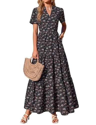 KIRUNDO Floral Flowy Boho Maxi Dress in Black Yellow Flower