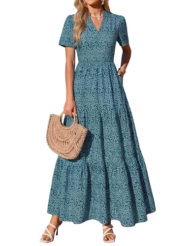 KIRUNDO Floral Flowy Boho Maxi Dress in Dark Green Floral