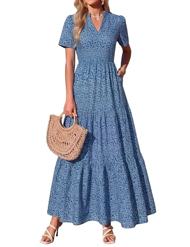 KIRUNDO Floral Flowy Boho Maxi Dress in Navy Floral
