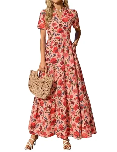 KIRUNDO Floral Flowy Boho Maxi Dress in Pink Red Flower