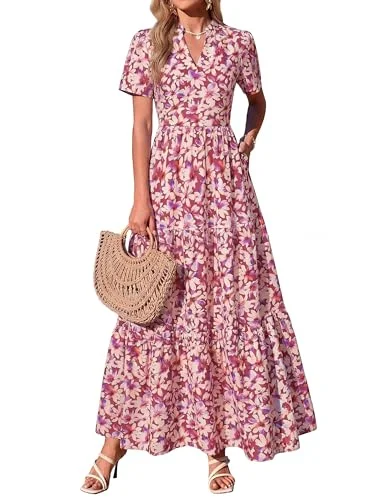 KIRUNDO Floral Flowy Boho Maxi Dress in Purple Flower