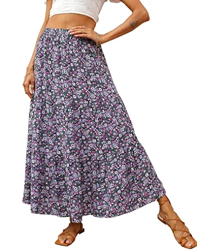 KIRUNDO Floral Boho Skirt in Black Purple