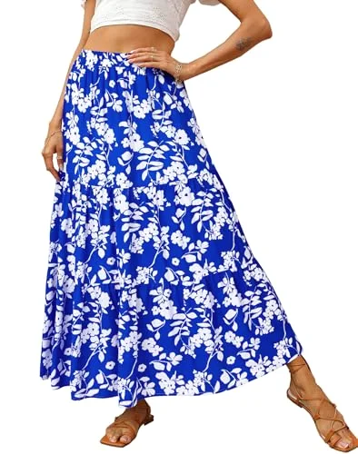 KIRUNDO Floral Boho Skirt in Floral Blue White