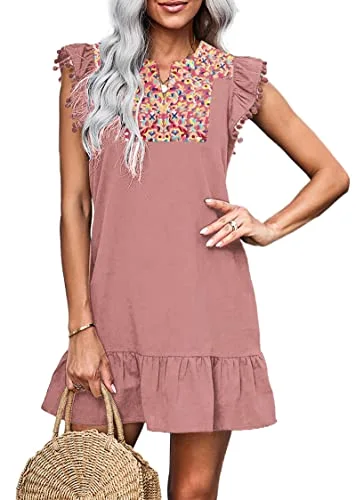 KIRUNDO Embroidered Boho Mini Dress in Pink