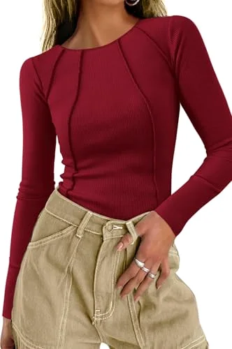 KIRUNDO Seamed Ribbed Long Sleeve Top in Wine Red