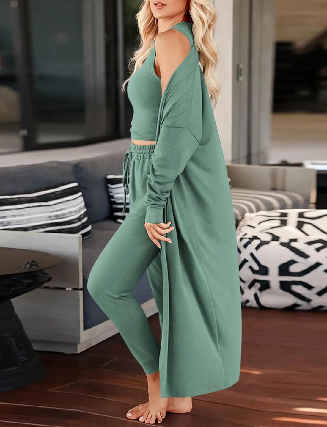 KIRUNDO 3-Piece Cardigan Lounge Set in Fruit Green, view 6