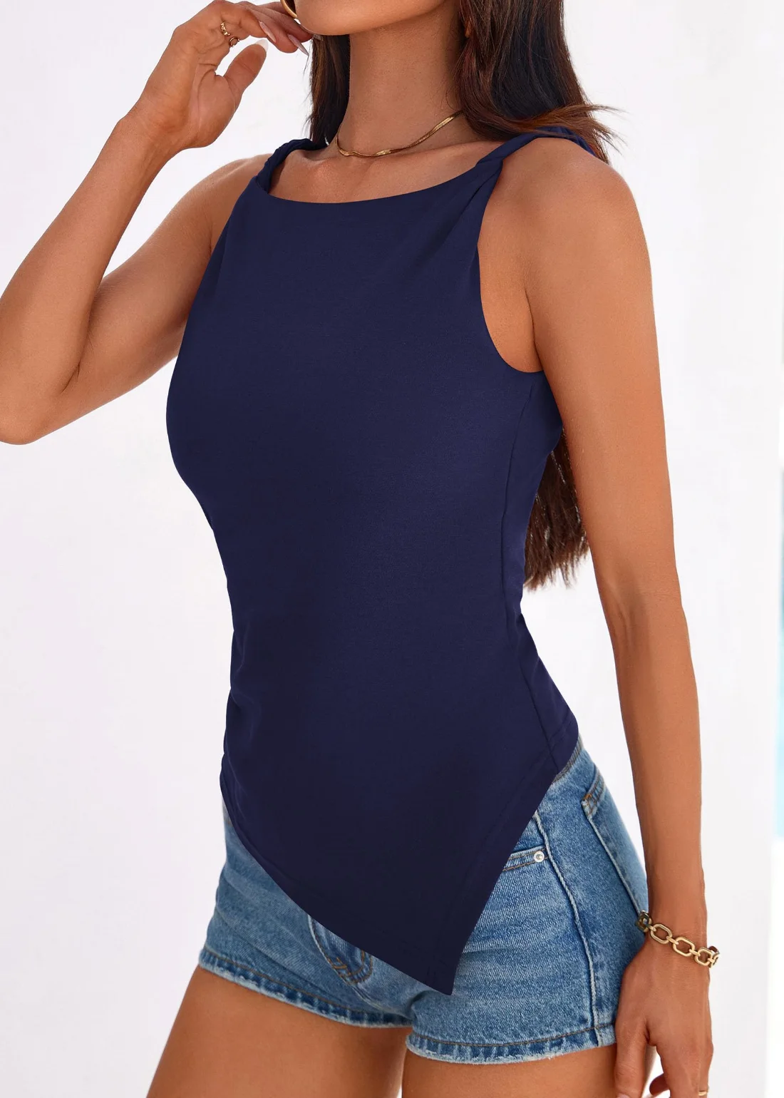 KIRUNDO Asymmetrical Sleeveless Blouse in Navy Blue, view 5