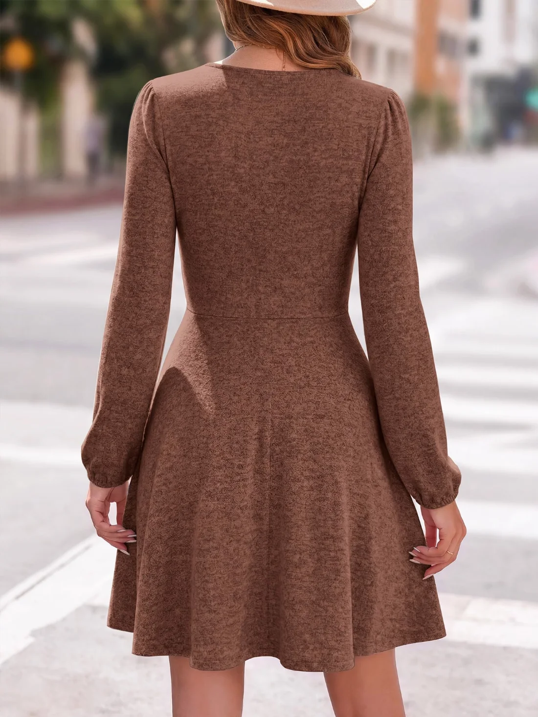 KIRUNDO Babydoll A-Line Long Sleeve Sweater Dress in Brown, view 3
