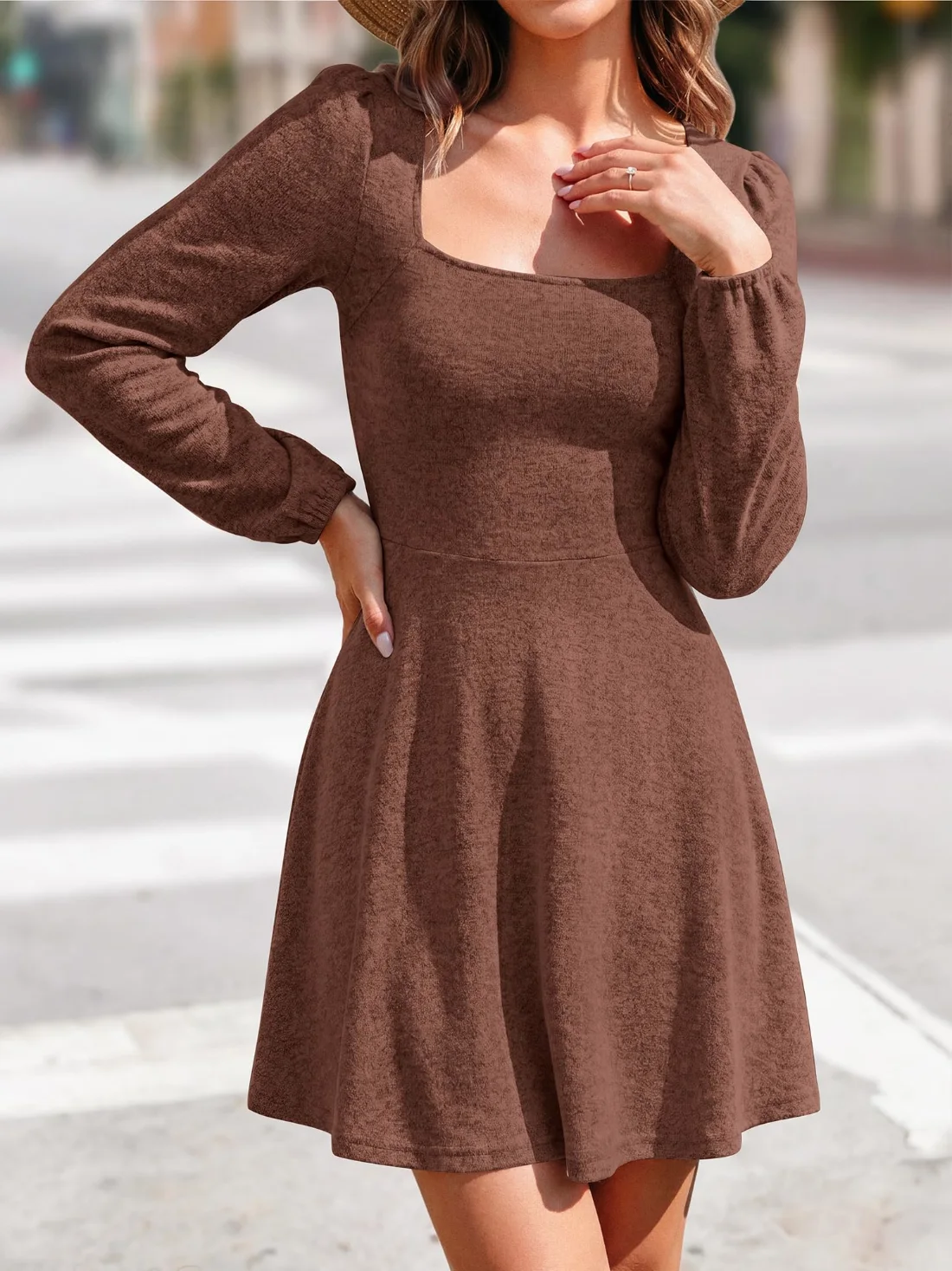 KIRUNDO Babydoll A-Line Long Sleeve Sweater Dress in Brown, view 6
