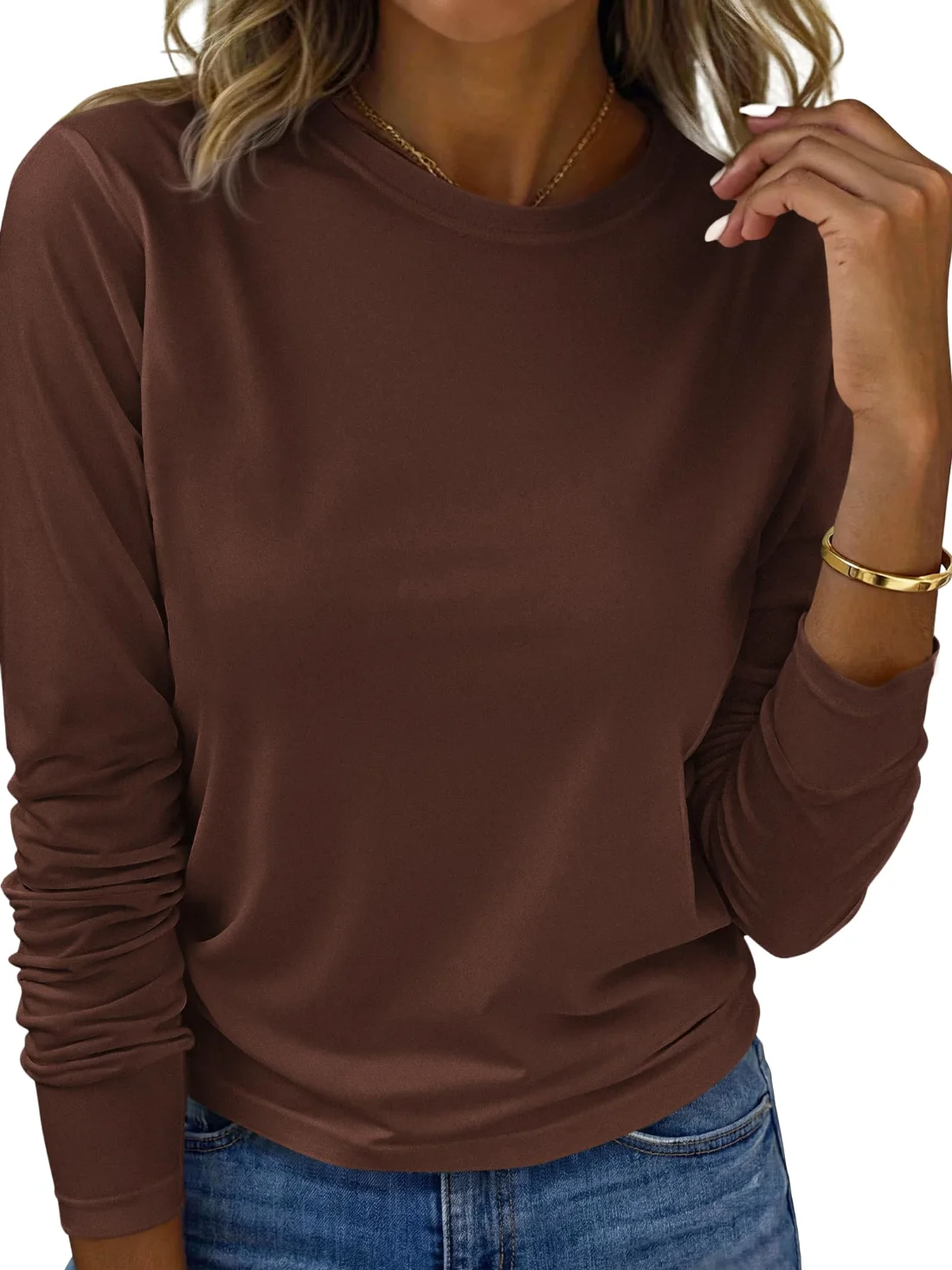 KIRUNDO Basic Crewneck Long Sleeve Top in Brown