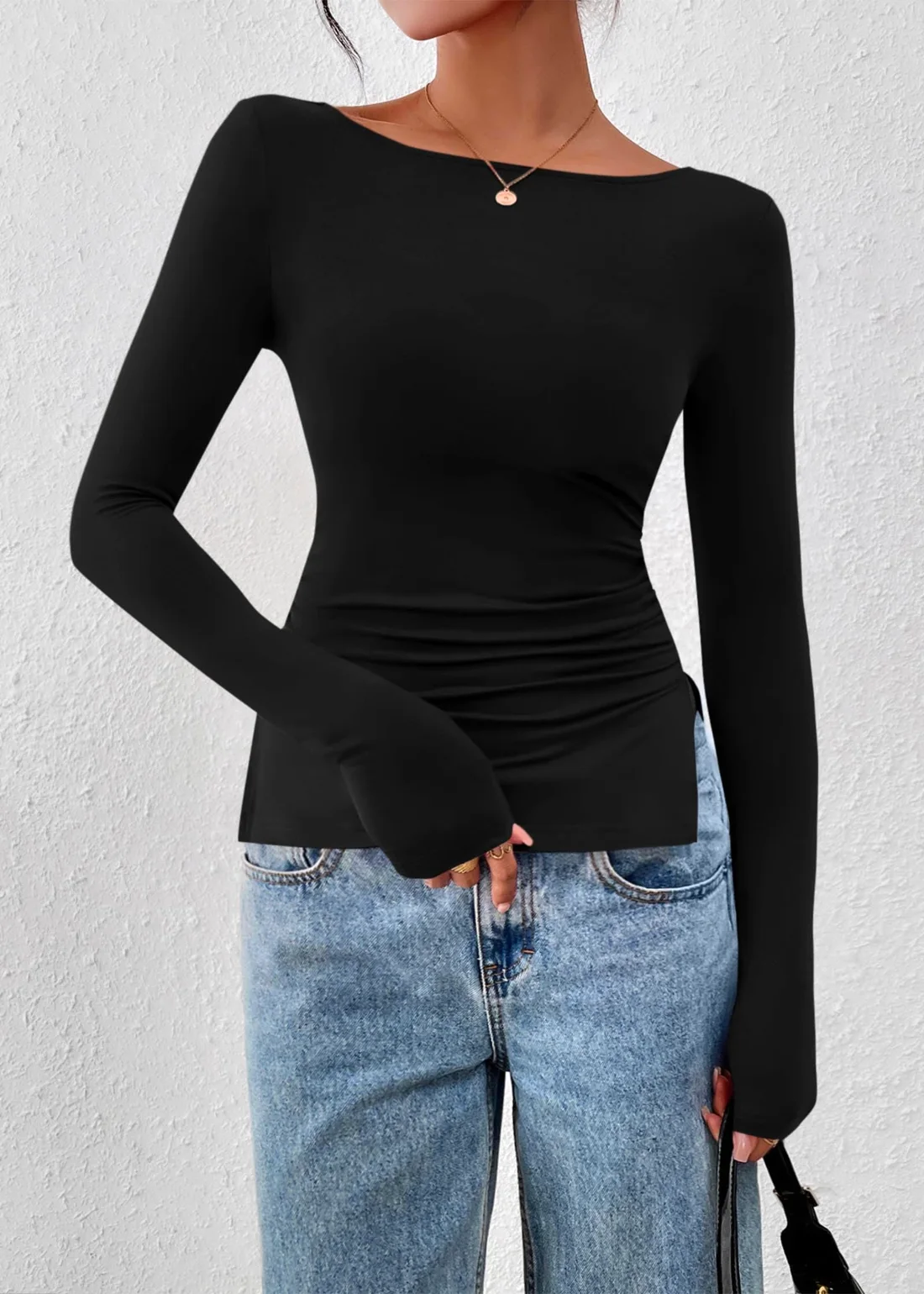 KIRUNDO Boat Neck Long Sleeve Top in Black, view 4
