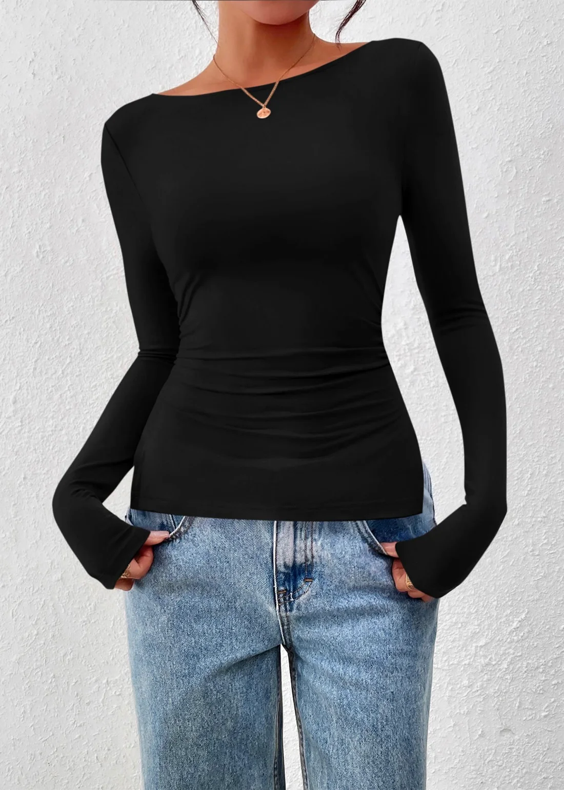 KIRUNDO Boat Neck Long Sleeve Top in Black, view 5