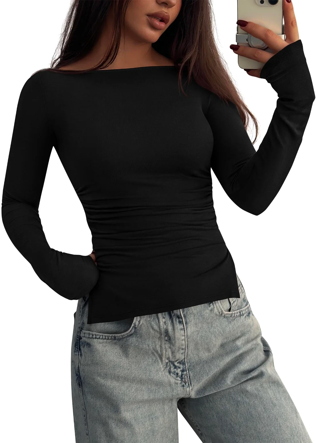 KIRUNDO Boat Neck Long Sleeve Top in Black