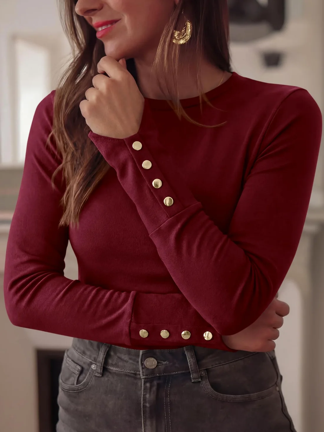 KIRUNDO Button Cuff Long Sleeve Top in Burgundy, view 5