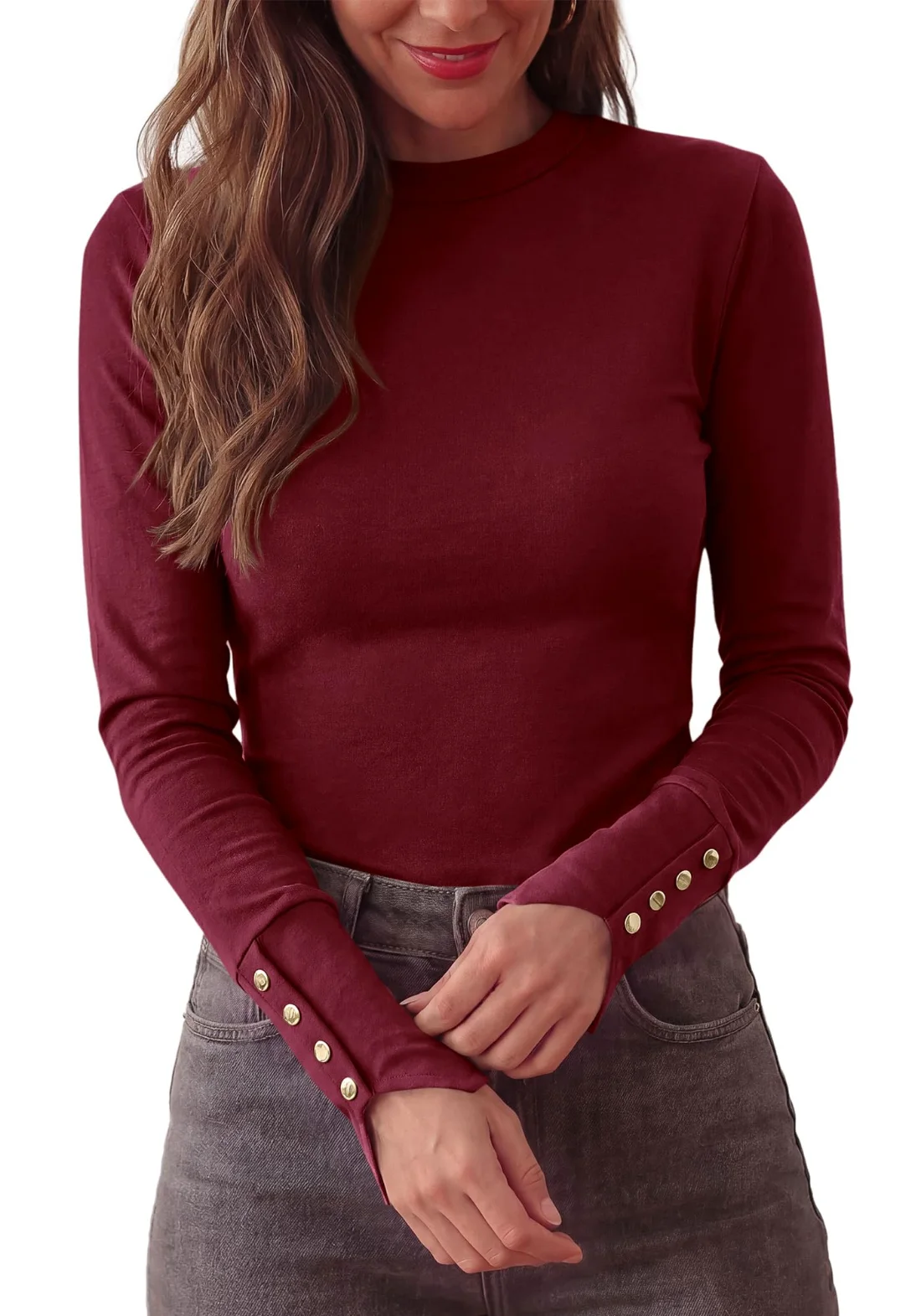KIRUNDO Button Cuff Long Sleeve Top in Burgundy