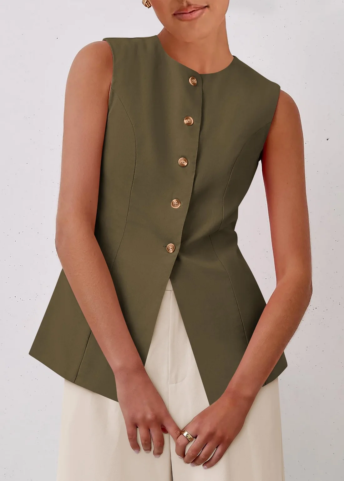 KIRUNDO Button-Front Vest Top in Army Green, view 3