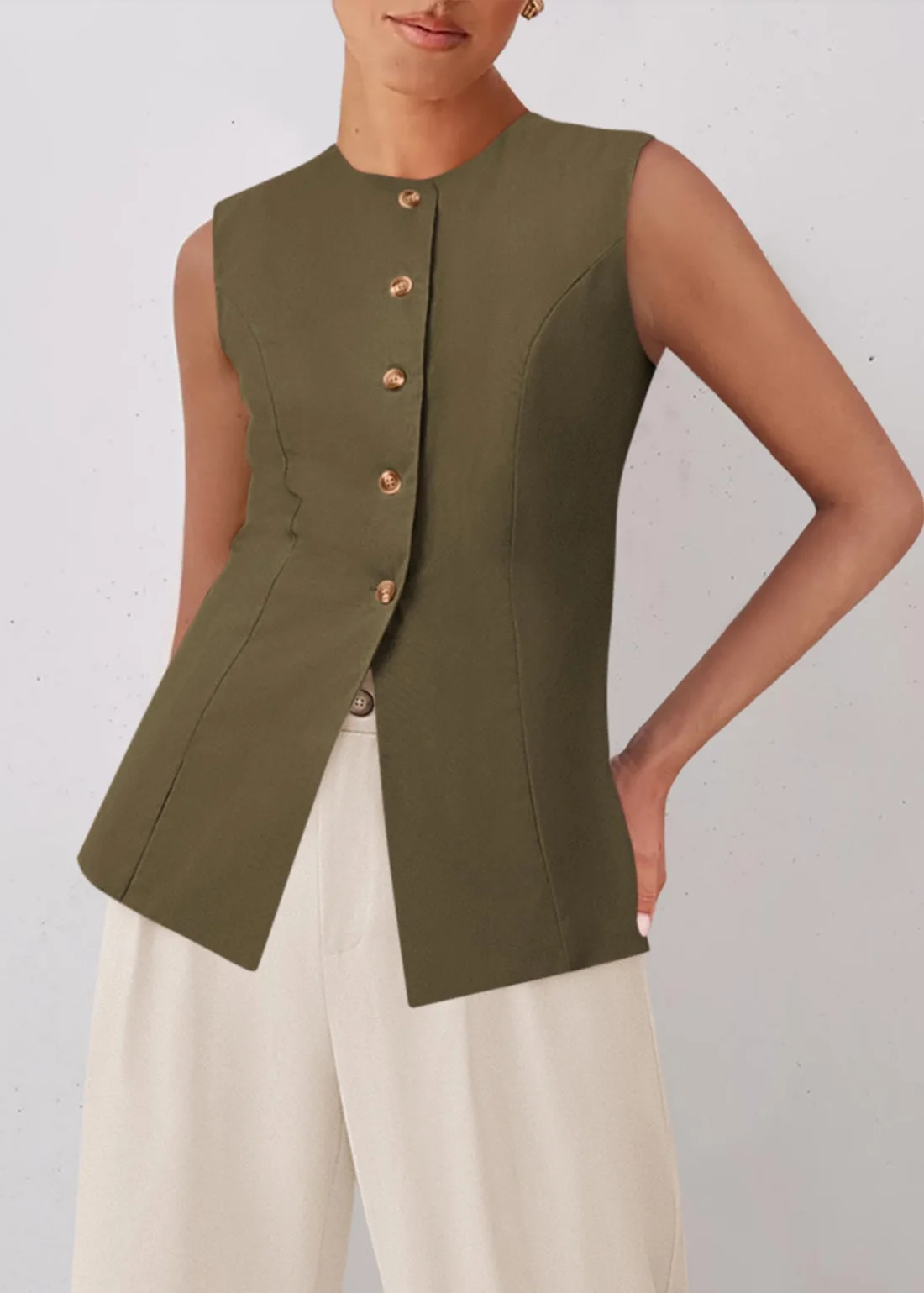 KIRUNDO Button-Front Vest Top in Army Green, view 4