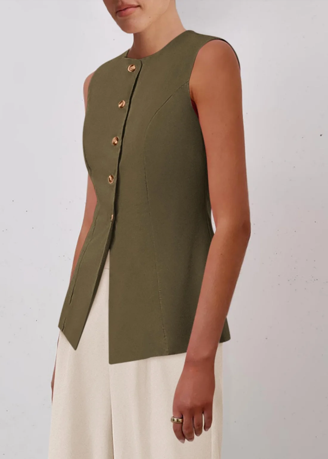 KIRUNDO Button-Front Vest Top in Army Green, view 5
