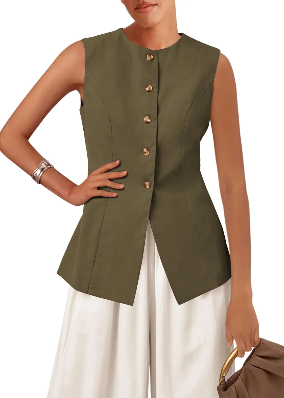 KIRUNDO Button-Front Vest Top in Army Green