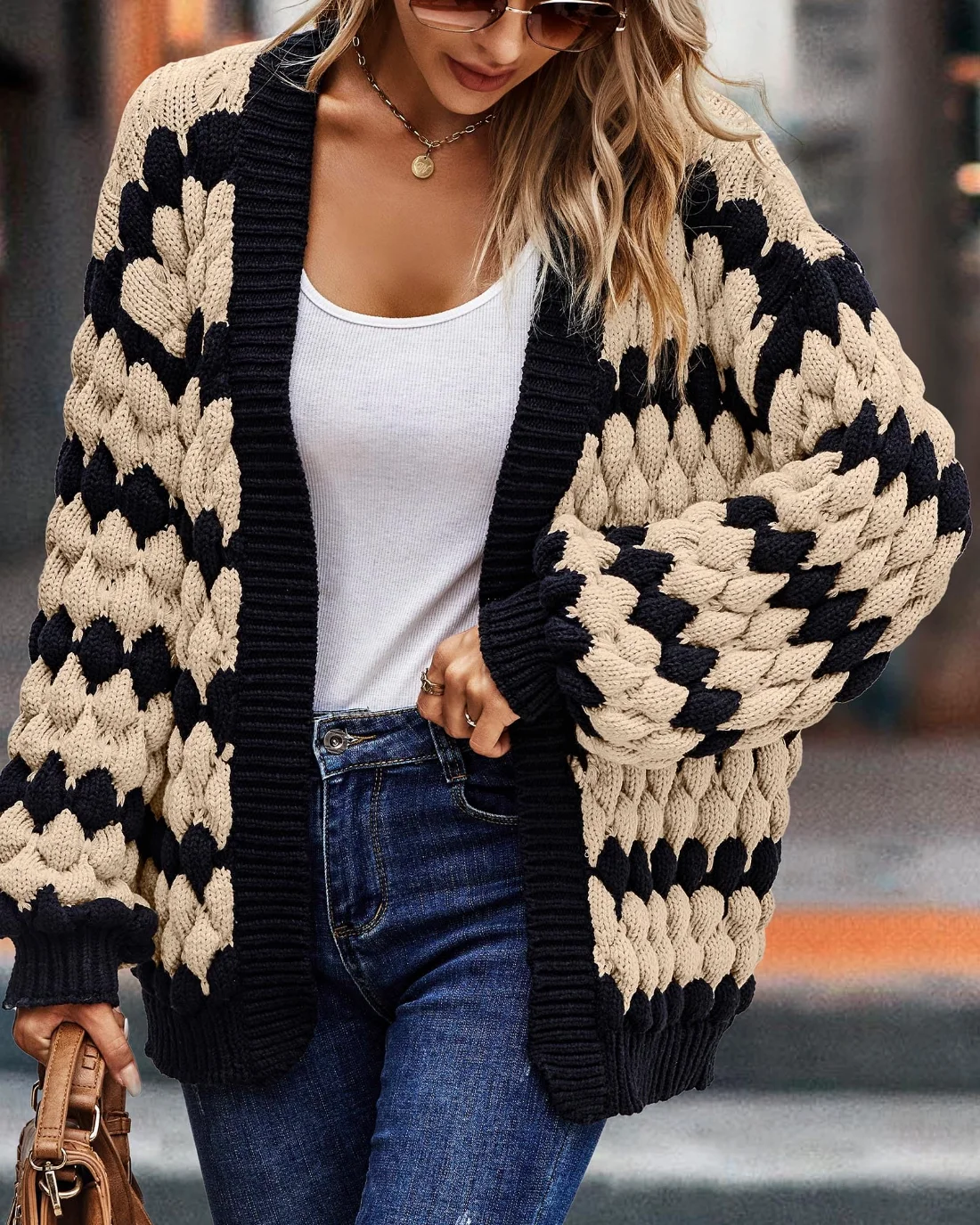 KIRUNDO Cable Knit Chunky Open Front Cardigan in Beige, view 4