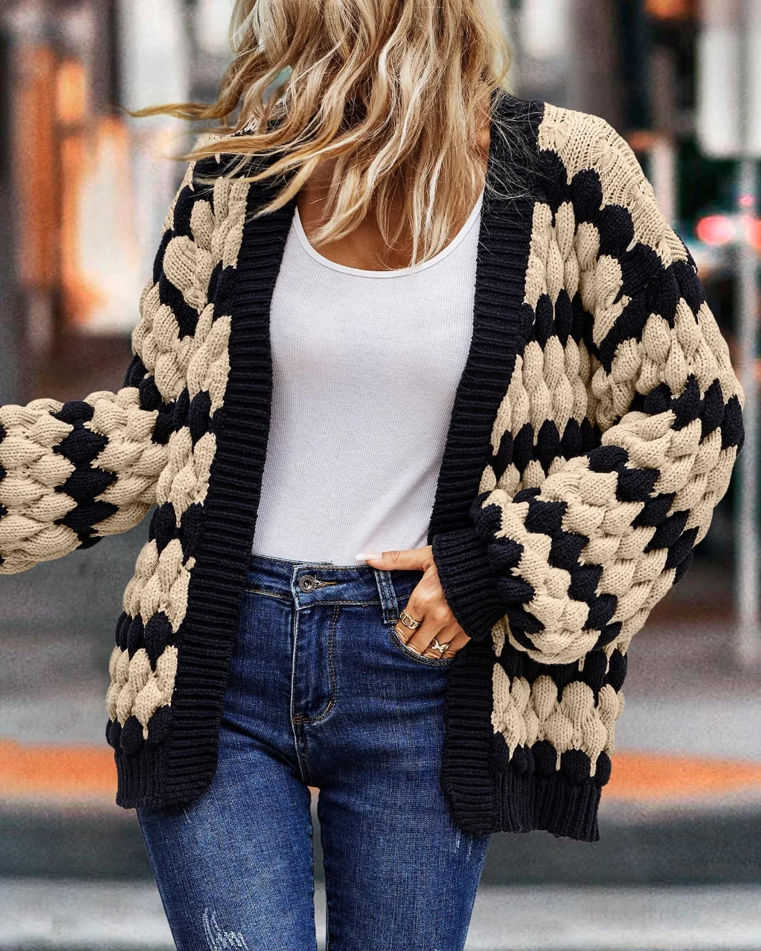 KIRUNDO Cable Knit Chunky Open Front Cardigan in Beige, view 5