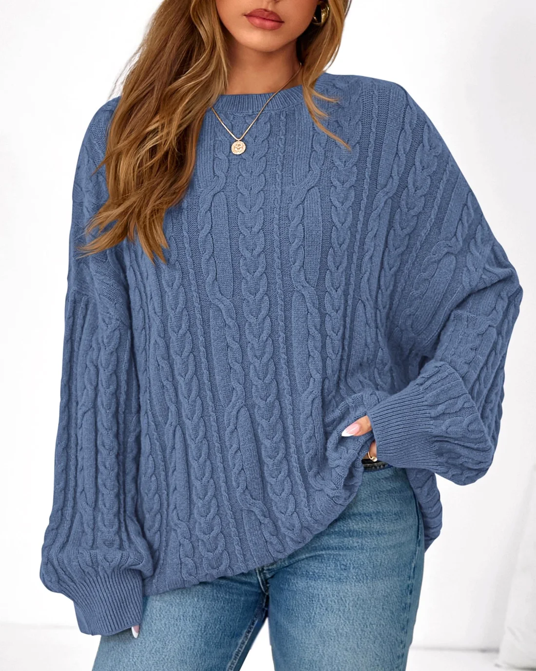 KIRUNDO Cable Knit Chunky Oversized Sweater in Blue, view 3