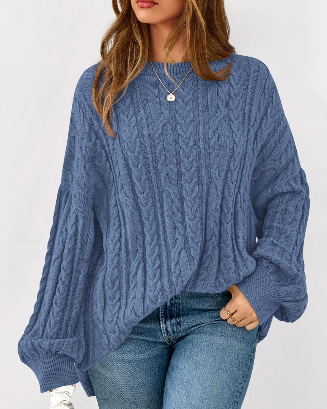 KIRUNDO Cable Knit Chunky Oversized Sweater in Blue, view 4