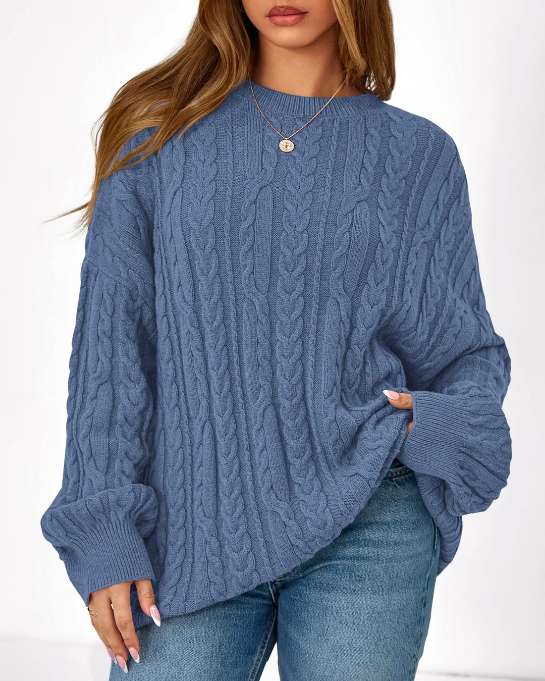 KIRUNDO Cable Knit Chunky Oversized Sweater in Blue, view 5