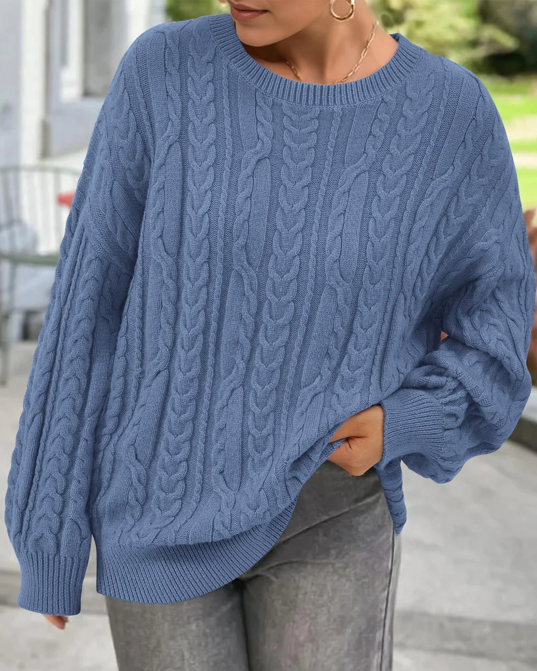 KIRUNDO Cable Knit Chunky Oversized Sweater in Blue, view 6