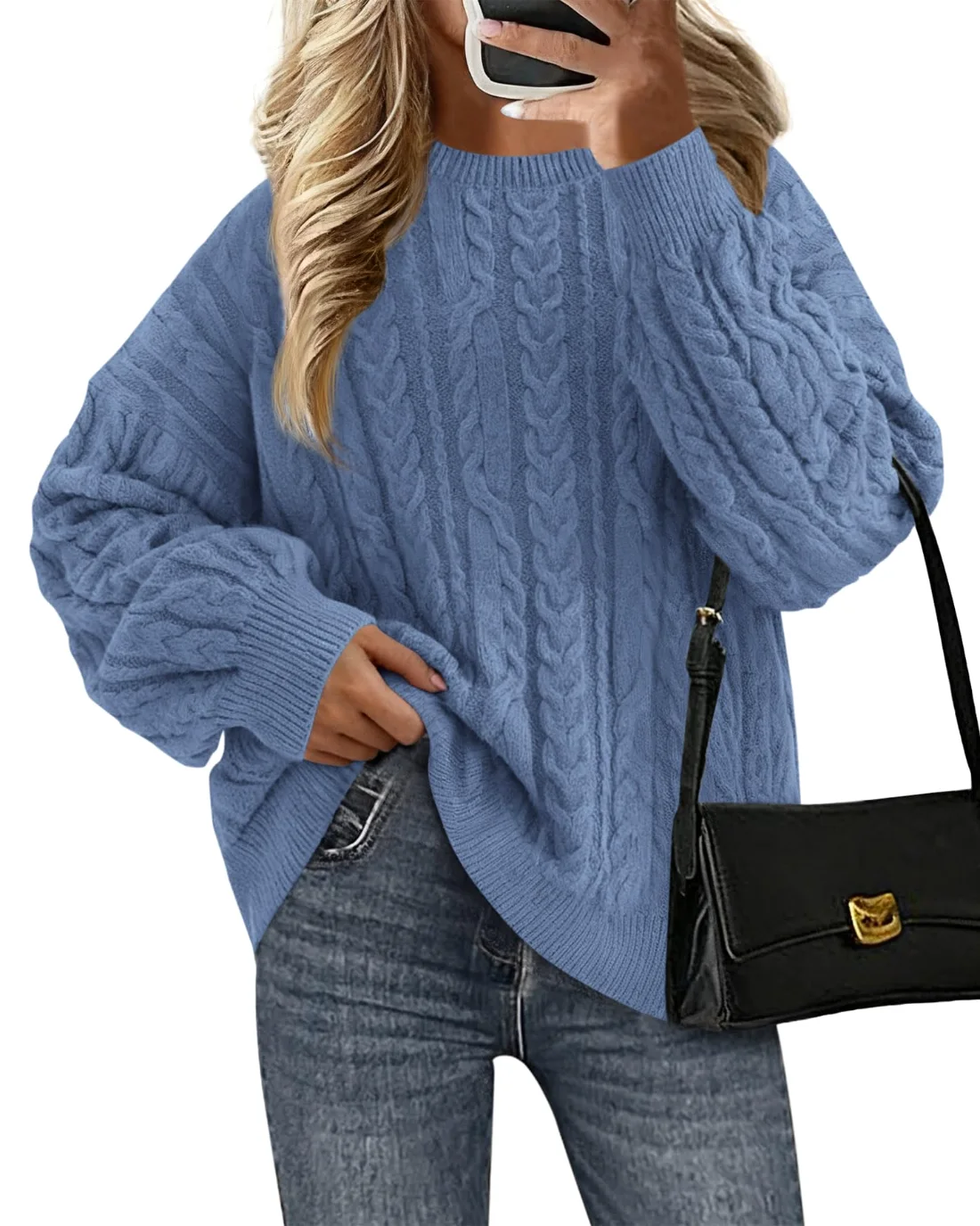 KIRUNDO Cable Knit Chunky Oversized Sweater in Blue