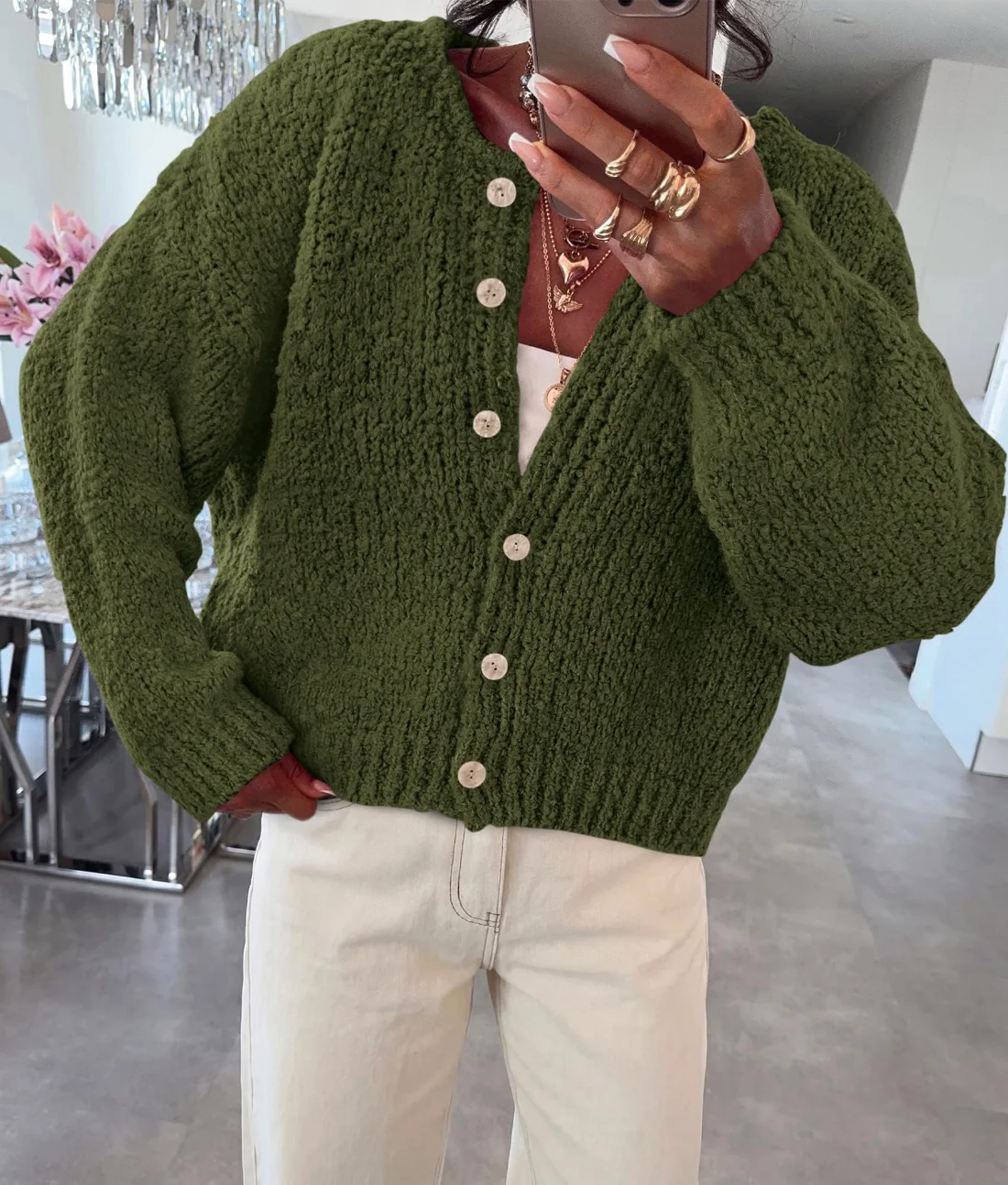 KIRUNDO Chunky Button-Down Cardigan in Army Green, view 3