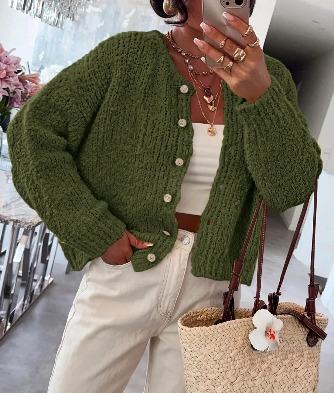 KIRUNDO Chunky Button-Down Cardigan in Army Green, view 4