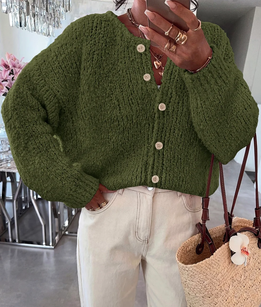 KIRUNDO Chunky Button-Down Cardigan in Army Green, view 5