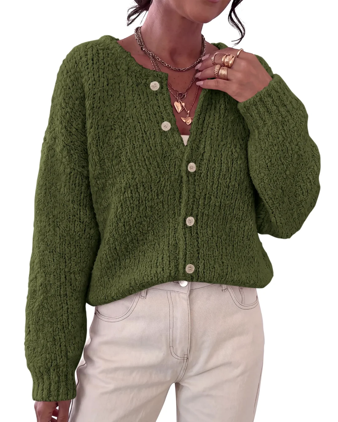 KIRUNDO Chunky Button-Down Cardigan in Army Green