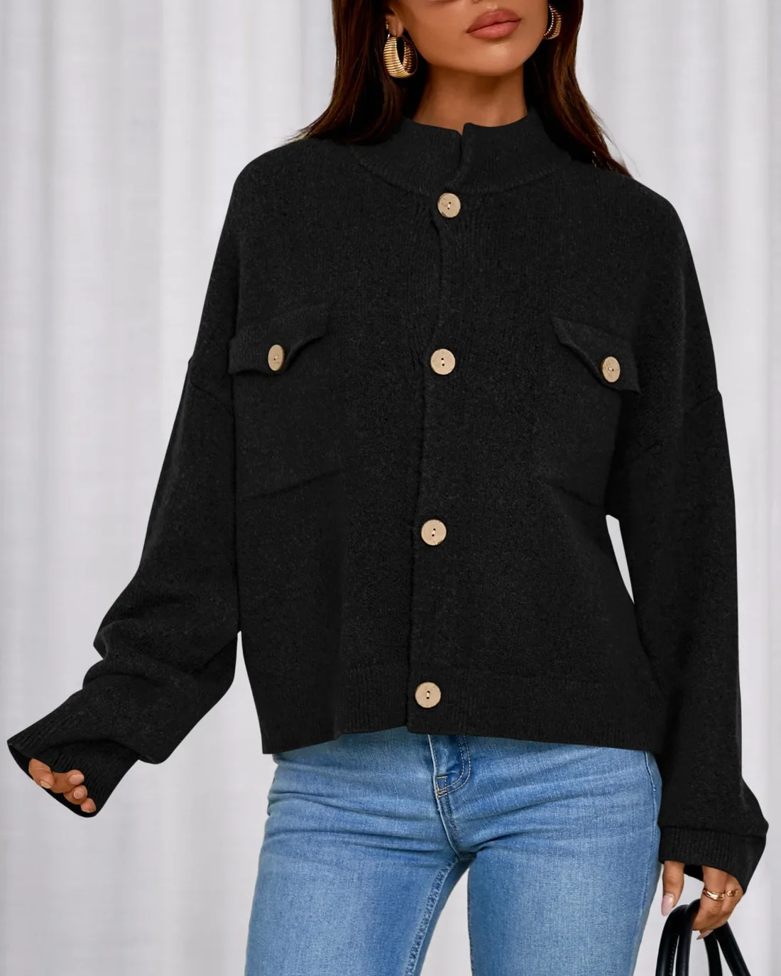 KIRUNDO Chunky Button-Down Mock Neck Cardigan in Black, view 3