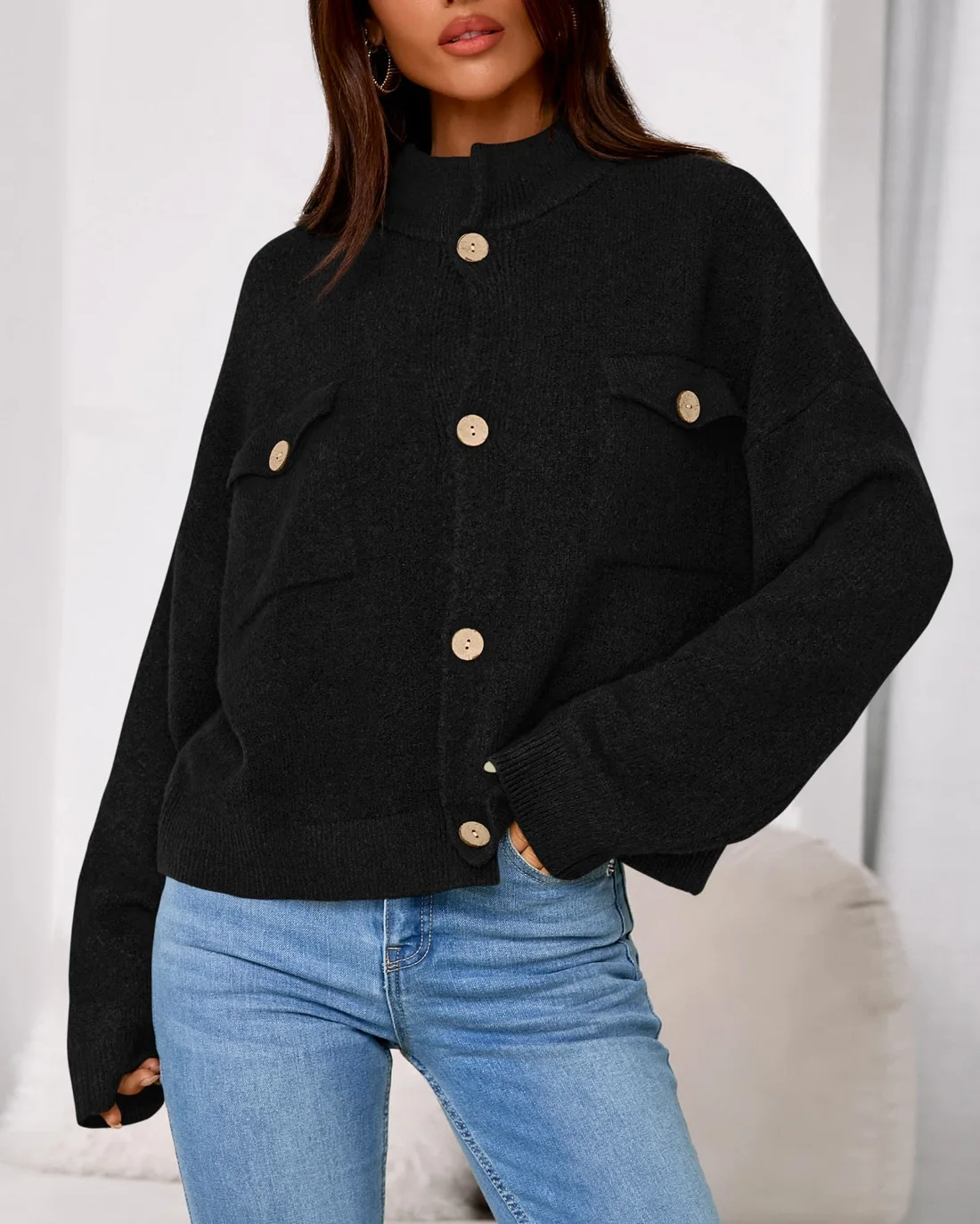 KIRUNDO Chunky Button-Down Mock Neck Cardigan in Black, view 4