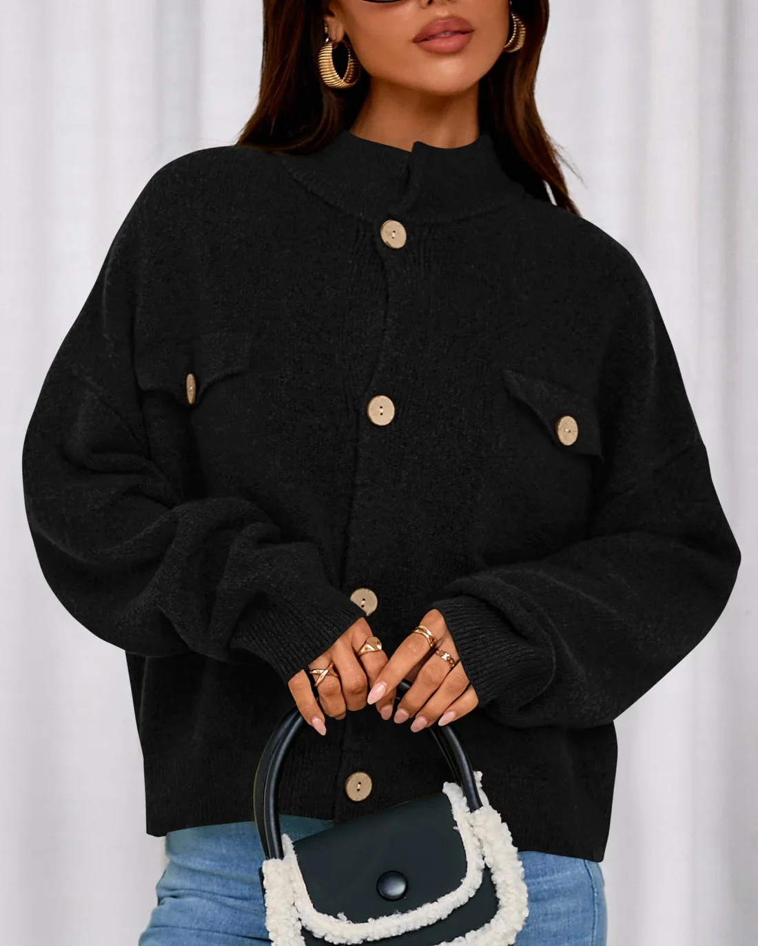 KIRUNDO Chunky Button-Down Mock Neck Cardigan in Black, view 5